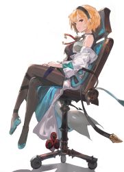 Rule 34 | 1girl, alchemaniac, bare shoulders, blonde hair, brown eyes, chair, crossed legs, djeeta (granblue fantasy), doctor (granblue fantasy), granblue fantasy, hairband, highres, lab coat, looking at viewer, office chair, pantyhose, profile, short hair, simple background, solo, stethoscope, swivel chair, white background