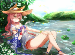 Rule 34 | 1girl, animal ears, bikini, blue bikini, blush, breasts, cleavage, day, ears through headwear, fate/grand order, fate (series), fox ears, hat, highres, large breasts, long hair, looking at viewer, mosta (lo1777789), outdoors, pink hair, see-through, shirt, solo, swimsuit, tamamo (fate), tamamo no mae (fate/extra), tamamo no mae (swimsuit lancer) (fate), tamamo no mae (swimsuit lancer) (second ascension) (fate), water, wet, wet clothes, wet shirt, yellow eyes