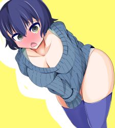 Rule 34 | 1girl, @ @, blue hair, blue thighhighs, blush, breasts, cleavage, female focus, karatakewari, open mouth, persona, persona 4, ribbed sweater, shirogane naoto, short hair, simple background, solo, sweater, thighhighs, very short hair, yellow background