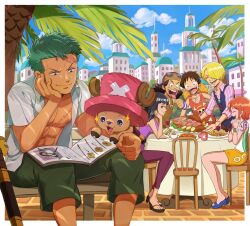 Rule 34 | 2girls, 4boys, :d, black hair, blonde hair, blue eyes, blunt bangs, book on lap, border, bracelet, brown hair, brown overalls, closed eyes, closed mouth, collared shirt, cup, day, dress shirt, drinking glass, green hair, green pants, hat, hat on back, highres, horns, jewelry, log pose, long hair, long nose, looking to the side, miniskirt, monkey d. luffy, multiple boys, multiple girls, nami (one piece), nico robin, nipples, oekakiboya, one piece, open clothes, open mouth, open shirt, orange hair, outdoors, overalls, own hands clasped, own hands together, palm tree, pants, pencil skirt, pink headwear, pink shirt, purple pants, red shirt, roronoa zoro, sanji (one piece), scar, sheath, sheathed, shirt, short hair, shoulder tattoo, skirt, sleeveless, sleeveless shirt, smile, straw hat, striped clothes, striped shirt, sun hat, sword, tattoo, tongue, tongue out, tony tony chopper, tree, usopp, vertical-striped clothes, vertical-striped shirt, weapon, white border, white shirt, wine glass, wing collar, yellow headwear, yellow skirt