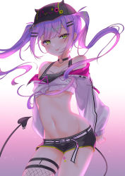 Rule 34 | 1girl, absurdres, bare shoulders, baseball cap, belt, black choker, black hat, black shirt, black shorts, breasts, choker, cleavage, closed mouth, cowboy shot, crop top, cropped jacket, demon tail, fishnet thighhighs, fishnets, floating hair, gradient background, green eyes, groin, hair ornament, hairclip, hat, highres, hololive, horns, jacket, long hair, long sleeves, looking at viewer, midriff, navel, off-shoulder jacket, off shoulder, purple hair, shirt, short shorts, shorts, single thighhigh, sleeveless, sleeveless shirt, smile, solo, stomach, tail, teltelhousi, thigh strap, thighhighs, thighs, tokoyami towa, tongue, tongue out, twintails, virtual youtuber, white jacket