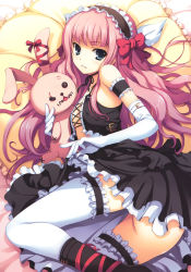Rule 34 | 1girl, absurdres, bare shoulders, blue eyes, bow, elbow gloves, gloves, hair bow, highres, long hair, lying, maid headdress, non-web source, on side, pink hair, ribbon, smile, solo, stuffed animal, stuffed rabbit, stuffed toy, thighhighs, tomose shunsaku, white thighhighs