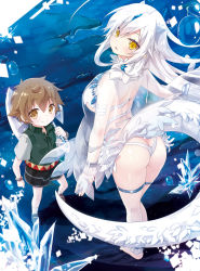 Rule 34 | 1boy, 1girl, age difference, arm at side, ass, back, bangle, bare legs, barefoot, bikini, blush, bracelet, breasts, butt crack, cave, character request, comm-nan no ore ga koushou skill ni zenfurishite tenseishita kekka, crystal, dragon girl, dragon tail, from above, headpiece, highres, horns, jewelry, kneepits, large breasts, long hair, looking at viewer, looking back, looking up, novel illustration, official art, parted lips, pointy ears, see-through, shiny skin, sidelocks, swimsuit, tail, thigh strap, thong, thong bikini, underboob, water drop, white bikini, white hair, yano mitsuki (nanairo), yellow eyes
