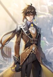 Rule 34 | 1boy, black gloves, black hair, blurry, blurry background, brown hair, closed mouth, collar, collared shirt, earrings, formal, genshin impact, gloves, glowing, hair between eyes, highres, jacket, jewelry, long hair, long sleeves, looking at viewer, male focus, mmlyno, multicolored hair, polearm, ponytail, ring, shirt, single earring, solo, spear, suit, weapon, yellow eyes, zhongli (genshin impact)