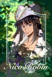 Rule 34 | 1girl, black hair, blue eyes, blunt bangs, character name, coat, commentary request, cowboy hat, cross-laced clothes, flower, forest, fur-trimmed coat, fur collar, fur trim, hat, highres, holding, holding flower, medium hair, mrjieshisu, nature, nico robin, nico robin (alabasta), one piece, sample watermark, shirt, sidelocks, smile, solo, upper body, watermark, white hat, white shirt