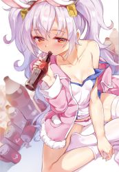 Rule 34 | 1girl, animal ears, azur lane, blush, bottle, bow, bow panties, breasts, butterfly sitting, camisole, can, cleavage, cola, collarbone, commentary request, drinking, fake animal ears, from above, fur-trimmed jacket, fur trim, hairband, hands on feet, highres, holding, holding bottle, jacket, laffey (azur lane), long hair, miazi, open clothes, open jacket, panties, pink jacket, rabbit ears, red eyes, red hairband, sitting, small breasts, soda, soda bottle, solo, strap slip, thighhighs, twintails, underwear, white camisole, white hair, white panties, white thighhighs