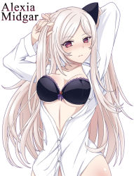 Rule 34 | 1girl, adjusting hair, alexia midgar, arms up, black bra, blush, bra, breasts, buttons, character name, cleavage, closed mouth, collared shirt, dressing, grey hair, hair ornament, hands in hair, highres, holding, holding own hair, kage no jitsuryokusha ni naritakute!, long hair, looking at viewer, medium breasts, mixed-language commentary, partially unbuttoned, princess, red eyes, shirt, simple background, sogegin, solo, underwear, very long hair, white background, white shirt