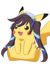 Rule 34 | 1girl, akame00, animal, animal ears, blush stickers, commentary request, creatures (company), game freak, gen 1 pokemon, hair between eyes, hair ornament, hat, highres, long hair, nintendo, open mouth, pikachu, pokemon, pokemon (creature), simple background, sitting, solo, tail, twintails, umamusume, vivlos (umamusume), white background