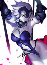 Rule 34 | 1girl, azusa (hws), breasts, unworn cape, chain, character name, cleavage, copyright name, fate/grand order, fate (series), gauntlets, grin, helmet, holding, holding sword, holding weapon, jeanne d&#039;arc (fate), jeanne d&#039;arc alter (avenger) (fate), jeanne d&#039;arc alter (avenger) (third ascension) (fate), jeanne d&#039;arc alter (fate), large breasts, long hair, looking at viewer, navel, pale skin, ruler (fate/grand order), sheath, smile, solo, sword, teeth, weapon, white hair, yellow eyes