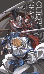 Rule 34 | 2boys, arc system works, belt, blonde hair, blue eyes, brown eyes, brown hair, copyright name, dong hole, english text, fingerless gloves, gloves, guilty gear, guilty gear xx, headband, highres, holding, holding weapon, huge weapon, ky kiske, long hair, male focus, multiple belts, multiple boys, order-sol, order sol, ponytail, short hair, sol badguy, sword, weapon
