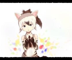 Rule 34 | 10s, 1girl, aardwolf (kemono friends), animal ears, bad id, bad pixiv id, black eyes, black gloves, black hair, black necktie, collared shirt, commentary, elbow gloves, eyes visible through hair, gloves, highres, kemono friends, letterboxed, multicolored clothes, multicolored gloves, multicolored hair, necktie, shirt, sleeveless, sleeveless shirt, solo, tamiku (shisyamo609), upper body, white background, white gloves, white hair