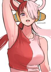 Rule 34 | 1girl, aosora2823, arm up, armpits, blush, female focus, highres, looking at viewer, one piece, open mouth, pink eyes, presenting armpit, red hair, uta (one piece), white hair