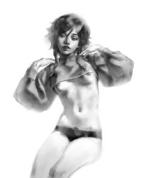 Rule 34 | 1girl, breasts, breasts out, cropped sweater, genderswap, genderswap (mtf), genshin impact, greyscale, hands up, highres, invisible chair, looking ahead, monochrome, nicnicroute, nipples, no bra, no pants, panties, parted lips, simple background, sitting, small breasts, solo, tongue, twintails, underwear, venti (genshin impact)