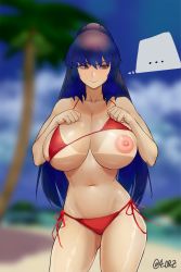 Rule 34 | 1girl, 4 orz, beach, bikini, bikini top lift, blurry, blurry background, breasts, closed mouth, clothes lift, day, hair between eyes, highres, large breasts, long hair, looking away, original, outdoors, ponytail, purple hair, red bikini, red eyes, sidelocks, solo, speech bubble, standing, swimsuit, tree