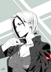 Rule 34 | 1girl, android 18, breasts, cleavage, closed mouth, dragon ball, dragon ball (classic), earrings, grey background, greyscale, hair behind ear, high collar, highres, holding, holding jewelry, holding necklace, jacket, jewelry, l.k, medium breasts, monochrome, necklace, open clothes, open jacket, parted bangs, shirt, short hair, solo, upper body