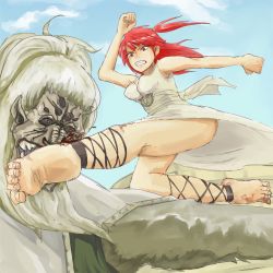 Rule 34 | 1girl, angry, ankle lace-up, barefoot, blood, clenched hand, clenched hands, cross-laced footwear, dirty, dirty feet, dress, feet, fighting stance, geetgeet, highres, jewelry, kicking, magi the labyrinth of magic, morgiana, necklace, red hair, solo, toe scrunch, toes, white dress