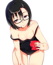 Rule 34 | 1girl, black-framed eyewear, black hair, black panties, brown eyes, camisole, closed mouth, collarbone, cup, glasses, gluteal fold, holding, holding cup, ichihaya, leaning forward, lingerie, looking at viewer, mug, original, panties, short hair, simple background, solo, strap slip, thick thighs, thigh gap, thighs, underwear, white background