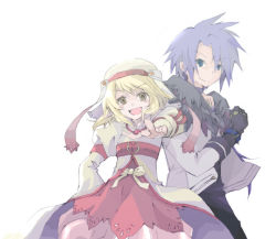 Rule 34 | 00s, 1boy, 1girl, alice (tales), blonde hair, blue eyes, decus (tales), dress, gloves, looking at viewer, open mouth, pointing, pointing at viewer, purple hair, short hair, simple background, smile, tales of (series), tales of symphonia, tales of symphonia: dawn of the new world, white background, yellow eyes