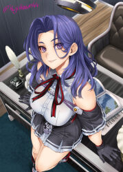 Rule 34 | 1girl, atlas (book), black capelet, black gloves, black skirt, breasts, capelet, chair, commentary request, desk, dress shirt, gloves, hair between eyes, halo, ifuji shinsen, ink bottle, kantai collection, large breasts, looking at viewer, map, mechanical halo, pleated skirt, purple eyes, purple hair, quill, shirt, short hair, sitting, skirt, sleeveless, sleeveless shirt, smile, solo, tatsuta (kancolle), tatsuta kai ni (kancolle), white shirt