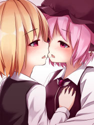 Rule 34 | 2girls, animal ears, bad id, bad pixiv id, black dress, blonde hair, blush, brown dress, dress, earrings, eye contact, hand on another&#039;s chest, hat, jewelry, kiss, long sleeves, looking at another, multiple girls, mystia lorelei, open mouth, pink eyes, pink hair, pokio, rumia, saliva, saliva trail, shirt, touhou, upper body, yuri