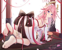 Rule 34 | 1girl, all fours, animal ears, anklet, barefoot, blush, breasts, chinese commentary, commentary request, dated, detached sleeves, earrings, extra ears, feet, flower, from behind, full body, genshin impact, hair flower, hair ornament, highres, japanese clothes, jewelry, long hair, long sleeves, looking at viewer, looking back, medium breasts, miaogujun, parted lips, petals, pink flower, pink hair, purple eyes, red ribbon, ribbon, signature, soles, solo, tassel, toes, underwear, very long hair, wet, wooden floor, yae miko