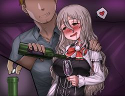 Rule 34 | 1boy, 1girl, alcohol, blush, bow, bowtie, corset, cup, drinking glass, drooling, drugged, drunk, faceless, faceless male, grey hair, hair between eyes, hat, heart, kantai collection, long hair, long sleeves, open mouth, pill, pola (kancolle), resolution mismatch, shirt, skirt, source larger, spoken heart, wavy hair, wavy mouth, white shirt, wine, wine glass, yanuk