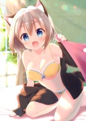 Rule 34 | 1girl, :d, absurdres, ahoge, animal ear fluff, animal ears, aoi yun, bare legs, bare shoulders, barefoot, black jacket, blanket, blue eyes, bra, breasts, brown hair, cat ears, cat girl, cat tail, cleavage, collarbone, curtains, day, fang, highres, holding, indoors, jacket, kneeling, lens flare, long sleeves, looking at viewer, medium breasts, navel, off shoulder, on bed, open clothes, open jacket, open mouth, original, panties, scan, short hair, smile, solo, spaghetti strap, stomach, strap slip, sunlight, tail, thighs, underwear, underwear only, window, yellow bra, yellow panties