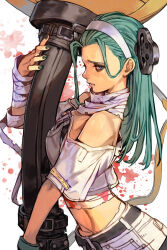 Rule 34 | 1girl, a.b.a, bags under eyes, bandaged arm, bandaged neck, bandages, belt, black belt, blue eyes, crop top, from side, frown, green hair, green nails, guilty gear, guilty gear strive, hairband, holding, hungry clicker, long hair, looking at viewer, loose hair strand, midriff, nail polish, off-shoulder shirt, off shoulder, paracelsus (guilty gear), shirt, simple background, solo, upper body, white background, white hairband