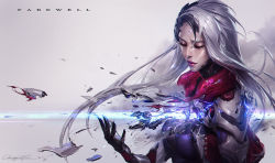 Rule 34 | 1girl, alternate costume, android, breasts, cable, chengwei pan, cropped jacket, cyberpunk, cyborg, damaged, facial mark, floating hair, forehead mark, hand up, highres, jacket, joints, katarina (league of legends), league of legends, light beam, long hair, mechanical arms, mechanical parts, medium breasts, parted lips, project: katarina, red eyes, red lips, robot joints, sidelocks, signature, silver hair, single mechanical arm, solo, visor (armor), wind