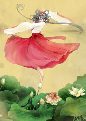 Rule 34 | 1girl, absurdres, alternate costume, balancing, barefoot, bow, chinese clothes, dancing, closed eyes, feet, flower, hair bow, hair rings, hakama, hanfu, highres, japanese clothes, jiaoshouwen, long hair, lotus, luo tianyi, red hakama, solo, tiptoes, toes, traditional clothes, very long hair, vocaloid, wide sleeves