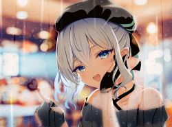 Rule 34 | 1girl, aqua ribbon, beret, black hat, blue eyes, blue hair, blurry, blurry background, blush, collarbone, eyelashes, gloves, hair between eyes, hand on own cheek, hand on own face, hands up, hat, hat ribbon, head rest, heart, highres, hololive, hoshimachi suisei, indoors, long hair, off-shoulder shirt, off shoulder, open mouth, partially fingerless gloves, ribbon, shirt, side ponytail, sidelocks, solo, star (symbol), star in eye, symbol in eye, teeth, totuoooo1015, upper body, upper teeth only, virtual youtuber, window