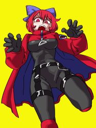 Rule 34 | 1girl, absurdres, adapted costume, akatsuki records, bodysuit, bow, breasts, cape, dress, eddybird55555, foot out of frame, hair bow, hands up, highres, latex, latex bodysuit, latex dress, latex legwear, latex suit, looking at viewer, medium breasts, open mouth, red cape, red eyes, red hair, rock &#039;n&#039; rock &#039;n&#039; beat, sekibanki, short hair, simple background, skin tight, skin tight, solo, standing, standing on one leg, touhou, uneven eyes, v-shaped eyebrows, yellow background