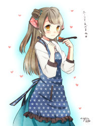 Rule 34 | 10s, 1girl, apron, bad id, bad pixiv id, blush, brown eyes, brown hair, clarinet (natsumi3230), clenched hand, floral print, grey hair, head scarf, heart, kurata rine, light smile, long hair, long sleeves, love live!, love live! school idol festival, love live! school idol project, minami kotori, one side up, signature, skirt, smile, solo, spoon, tasting