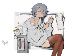 Rule 34 | 1girl, bandaged arm, bandaged leg, bandages, chinese text, chongmoyu loligogh, closed mouth, clothes pull, feet out of frame, from above, grey eyes, grey hair, highres, hood, hoodie, long sleeves, lying, original, pantyhose, pantyhose pull, red pantyhose, short eyebrows, short hair, solo, sweat, white hoodie