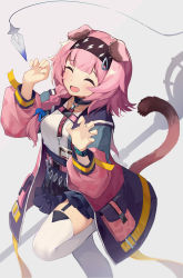 Rule 34 | 1girl, :d, ^ ^, absurdres, animal ears, arknights, black jacket, black skirt, blue bow, bow, braid, breasts, cat ears, cat girl, cat tail, claw pose, closed eyes, facing viewer, frilled skirt, frills, garter straps, goldenglow (arknights), grey background, hair bow, hair over shoulder, hands up, highres, jacket, kankou tokudou, lightning bolt print, medium breasts, open clothes, open jacket, open mouth, pink hair, shirt, simple background, single braid, skirt, smile, solo, standing, standing on one leg, tail, thighhighs, white shirt, white thighhighs