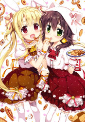 Rule 34 | 2girls, :d, :o, absurdres, animal ears, animal print, blonde hair, blush, brown frills, brown skirt, cat ears, cat print, choker, collarbone, cookie, copyright request, feeding, flat chest, floral print, flower, food, food request, frilled choker, frilled skirt, frills, fujima takuya, green eyes, hair between eyes, hair flower, hair ornament, hair ribbon, hat, hat with ears, heart-shaped food, high-waist skirt, highres, holding, holding plate, layered skirt, looking at viewer, low twintails, multiple girls, official art, open mouth, patterned background, pink ribbon, plaid, plaid choker, plaid ribbon, plate, polka dot, polka dot skirt, print skirt, puffy short sleeves, puffy sleeves, rabbit ears, rabbit print, red eyes, red flower, red frills, red ribbon, red rose, red skirt, ribbon, ribbon-trimmed skirt, ribbon choker, ribbon trim, rose, scan, shirt, short sleeves, skindentation, skirt, smile, thighhighs, thumbprint cookie, tongue, twintails, white background, white flower, white frills, white hat, white legwear, white polka dots, white shirt, white wrist cuffs, wrist cuffs, yellow choker, yellow flower, yellow ribbon, yellow rose