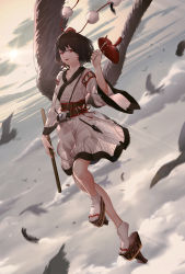 Rule 34 | 1girl, above clouds, absurdres, alternate costume, artist name, bad id, bad pixiv id, bird, bird wings, black hair, camera, chinese commentary, cloud, commentary, commentary request, dated, detached sleeves, dutch angle, english commentary, feather fan, feathered wings, feathers, floating, geta, hair between eyes, hat, highres, holding, holding mask, holding stick, kourindou tengu costume, leg lift, luomo, mask, mixed-language commentary, motion blur, obi, parted lips, platform clogs, pom pom (clothes), red eyes, sash, shameimaru aya, short hair, sky, solo, standing, stick, tabi, tengu-geta, tengu mask, tokin hat, touhou, white legwear, wings