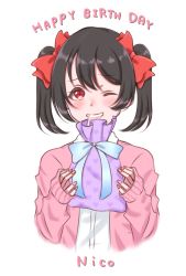 Rule 34 | 1girl, artist name, artist request, black hair, blush, bow, female focus, gift, gift bag, hair bow, highres, holding, holding gift, jacket, looking at viewer, love live!, love live! school idol project, nakoto sun dros, parted lips, pink jacket, red bow, red eyes, shirt, short hair, smile, solo, twintails, white background, white shirt, yazawa nico