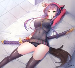 Rule 34 | 1girl, bed, breasts, cleavage, doyouwantto, green eyes, heterochromia, hood, jacket, katana, large breasts, long hair, looking at viewer, lying, midriff, multicolored hair, navel, on back, on bed, original, panties, pink hair, purple hair, red eyes, scarf, short hair, short shorts, shorts, signature, solo, stomach, sword, thighhighs, underwear, weapon
