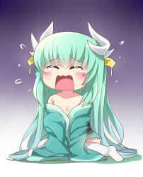 Rule 34 | 1girl, absurdres, arm support, bare shoulders, black background, blush, breasts, cleavage, closed eyes, collarbone, commentary, dragon horns, facing viewer, fate/grand order, fate (series), flying sweatdrops, gradient background, green kimono, hair between eyes, hair ornament, hands in opposite sleeves, highres, horns, ikazu401, japanese clothes, kimono, kiyohime (fate), long hair, long sleeves, obi, off shoulder, open mouth, sash, simple background, sitting, solo, tears, thighhighs, very long hair, wariza, wavy mouth, white background, white thighhighs, wide sleeves