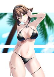 Rule 34 | 1girl, anchor ornament, bikini, black bikini, black hairband, breasts, brown hair, commentary request, commission, cowboy shot, criss-cross halter, green eyes, hachiware (8ware63), hairband, halterneck, head tilt, highres, kantai collection, large breasts, mutsu (kancolle), palm tree, parted lips, short hair, skeb commission, solo, swimsuit, tree