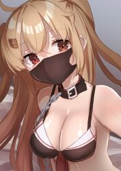 Rule 34 | 1girl, absurdres, animal collar, bikini, black bikini, breasts, brown eyes, chain, cleavage, collar, commentary request, front-tie bikini top, front-tie top, highres, kantai collection, light brown hair, long hair, looking at viewer, mask, medium breasts, mouth mask, murasame (kancolle), murasame kai ni (kancolle), shirasumato, solo, swimsuit, twintails, two side up, upper body