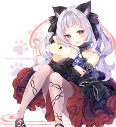 Rule 34 | 1girl, :d, animal ear fluff, animal ears, bare shoulders, black bow, black dress, black footwear, blunt bangs, blush, bow, brown eyes, brown pantyhose, cat ears, cat girl, commentary request, criss-cross halter, detached sleeves, dress, feet out of frame, frills, gothic lolita, hair bow, halterneck, highres, hololive, juliet sleeves, kabocha usagi, knees up, lolita fashion, long hair, long sleeves, looking at viewer, murasaki shion, murasaki shion (gothic lolita), hugging object, open mouth, pantyhose, puffy sleeves, shoes, silver hair, smile, solo, star (symbol), striped, striped bow, twitter username, two side up, very long hair, virtual youtuber, white background