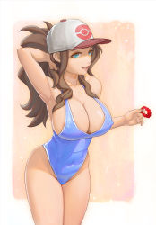 Rule 34 | 1girl, alternate breast size, areola slip, armpits, bare legs, bare shoulders, blue eyes, breasts, brown hair, creatures (company), curvy, game freak, hat, high ponytail, hilda (pokemon), large breasts, long eyelashes, long hair, looking at viewer, navel, nintendo, one-piece swimsuit, pokemon, pokemon bw, shiny skin, simple background, solo, swimsuit, very long hair, wide hips, yugen99
