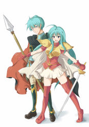 Rule 34 | 1boy, 1girl, ahoge, aqua hair, armor, bad id, bad pixiv id, blue eyes, blue hair, boots, breastplate, brother and sister, cape, echizen (hvcv), eirika (fire emblem), ephraim (fire emblem), fire emblem, fire emblem: the sacred stones, gloves, happy, highres, lance, legs, long hair, nintendo, polearm, prince, princess, shoes, short hair, shoulder pads, siblings, skirt, smile, spear, sword, thighhighs, weapon, zettai ryouiki