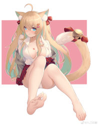 Rule 34 | absurdres, ahoge, animal ear fluff, animal ears, bare legs, barefoot, bell, blonde hair, blue eyes, blush, breasts, cardigan, cat ears, cat girl, cat tail, chinese commentary, closed mouth, collared shirt, colored inner hair, commentary request, feet, foot focus, foreshortening, full body, green hair, grey cardigan, hair between eyes, hair ornament, hair ribbon, heart, heart-shaped pupils, highres, jingle bell, jiusan naitang, kaguyano, large breasts, looking at viewer, multicolored hair, no bra, off shoulder, open cardigan, open clothes, open shirt, panties, plaid, plaid skirt, red ribbon, red skirt, ribbon, saliva, shirt, simple background, sitting, skirt, soles, solo, symbol-shaped pupils, tail, tail bell, tail ornament, tail raised, tail ribbon, thousand island (kaguyano), toes, underwear, weibo watermark, white background, white panties, white shirt