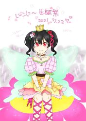 Rule 34 | 1girl, artist name, artist request, bare legs, black hair, blush, bow, bracelet, breasts, butterfly wings, collarbone, crown, diamond (gemstone), dress, female focus, flat chest, flower, flower bracelet, flower necklace, frilled dress, frilled skirt, frills, gloves, hair between eyes, hair bow, hair flower, hair ornament, hair ribbon, highres, insect wings, jewelry, leaf hair ornament, long hair, looking at viewer, love live!, love live! school idol festival, love live! school idol project, mini crown, miniskirt, multicolored clothes, multicolored skirt, necklace, own hands together, parted lips, pearl bracelet, pink flower, pink skirt, plaid, plaid dress, plaid skirt, pleated, pleated dress, pleated skirt, puffy short sleeves, puffy sleeves, red eyes, red flower, red ribbon, red skirt, ribbon, ribbon-trimmed legwear, ribbon trim, short hair, short sleeves, short twintails, sitting, sitting on flower, skirt, small breasts, smile, solo, sparkle, twintails, white dress, white flower, white gloves, wings, yazawa nico, yellow bow, yellow gloves, yellow skirt