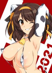 Rule 34 | animal ears, animal print, areolae, arms behind head, bell, neck bell, breasts, brown eyes, brown hair, clenched teeth, collar, cow ears, cow girl, cow print, cow tail, elbow gloves, fake animal ears, gloves, haruhisky, highres, large breasts, looking at viewer, nipples visible through clothing, short hair, smile, standing, suzumiya haruhi, suzumiya haruhi no yuuutsu, tail, teeth, wink