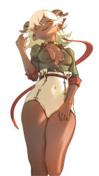 Rule 34 | 1girl, belt, black belt, breasts, chinese commentary, cleavage, collar, collarbone, collared shirt, commentary, covered navel, curled horns, dark-skinned female, dark skin, demon girl, feet out of frame, green shirt, grey background, hair ribbon, hand up, highleg, highleg shorts, highres, horns, long hair, looking at viewer, milk ko, open mouth, orange eyes, original, red ribbon, ribbon, shirt, simple background, sleeve cuffs, small breasts, smile, solo, standing, teeth, upper teeth only, white hair, yellow collar