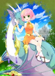Rule 34 | 1girl, blush, breasts, castle, cloud, dragon, dress, final fantasy, final fantasy v, followers favorite challenge, full body, green eyes, hiryuu (ff5), jewelry, lenna charlotte tycoon, multiple drawing challenge, open mouth, pink hair, short hair, sitting, smile